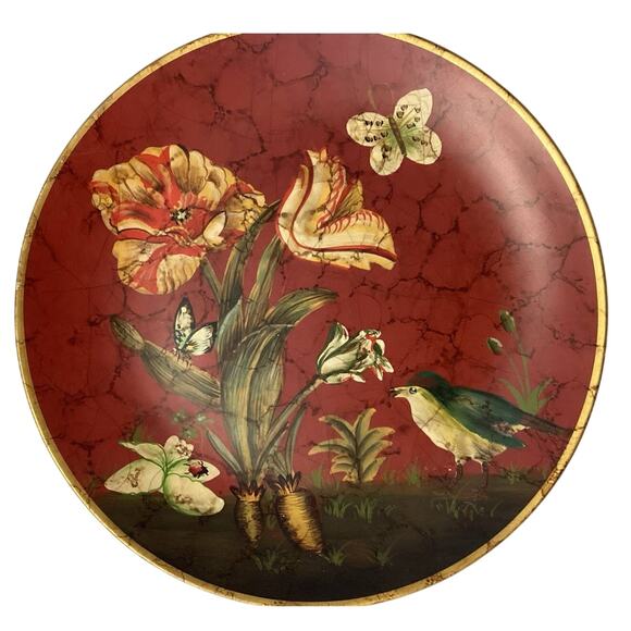 Collectible Red Bird Butterfly Floral Gold Rim Decorative Heavy Ceramic Plate - Picture 1 of 5